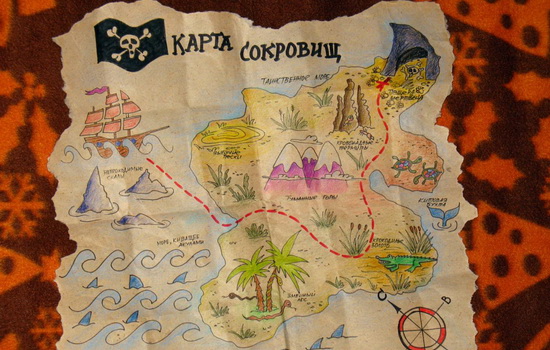 Что отмечено знаком X на пиратской карте сокровищ ?